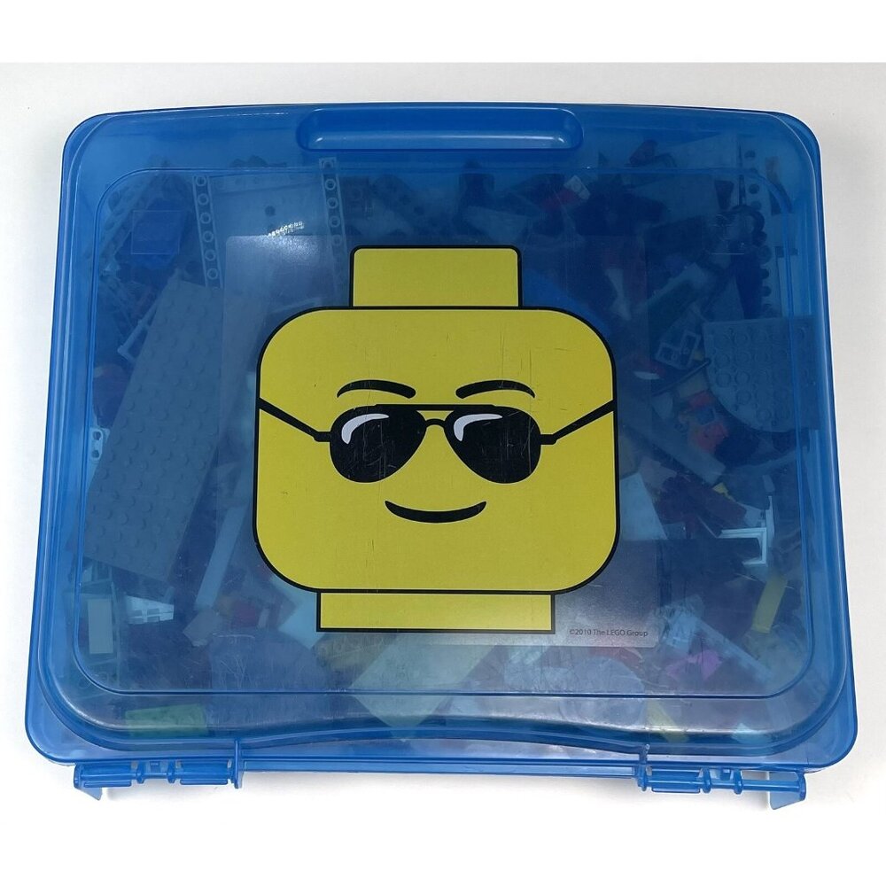 2010 LEGO Blue 13"x11"x3" STORAGE CASE Bin Minifig Head Sunglasses + Bricks 4lbs